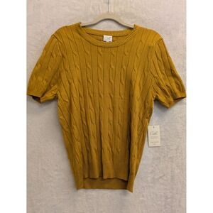Cielo Jeans USA Women's Mustard Yellow Cable Knit Short Sleeve Sweater XL
